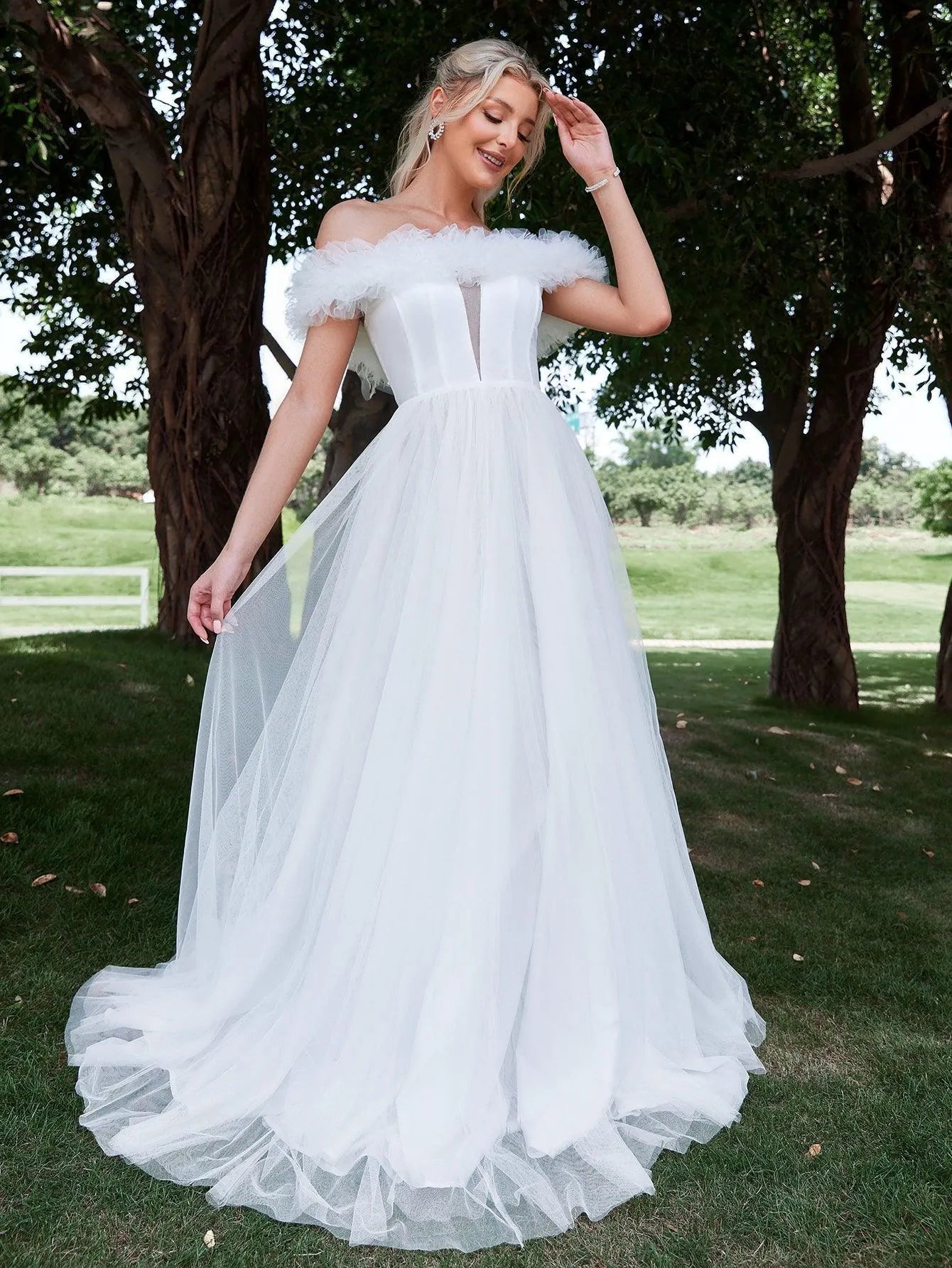 Ruffle Trim Off Shoulder A Line Wedding Dress - Elonnashop