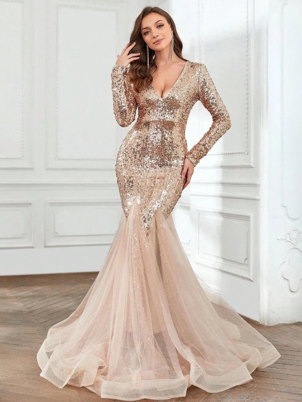 Elegant Long Sleeves Mesh Insert Mermaid Sequin Dress - Elonnashop