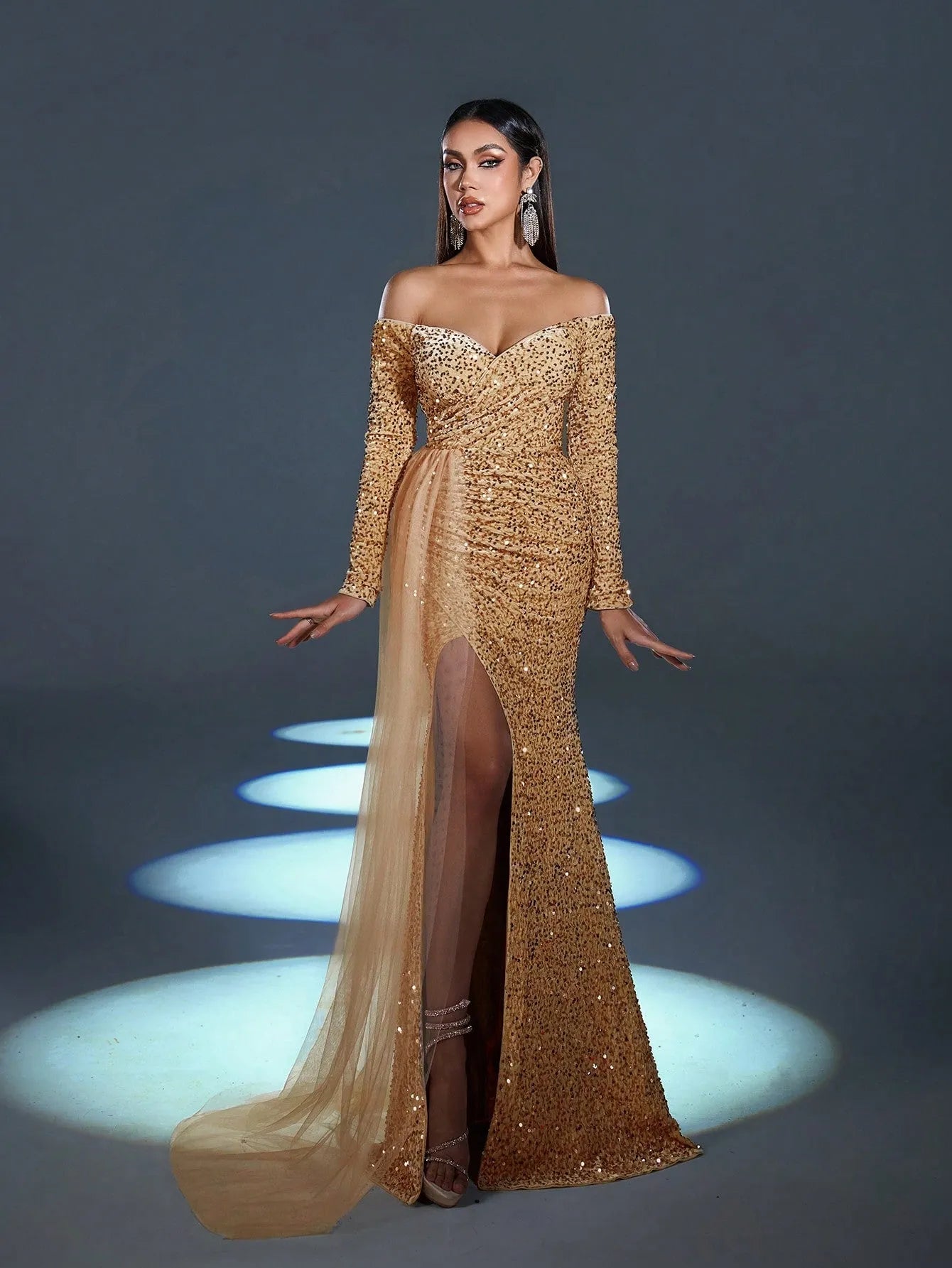 Elegant Off Shoulder Lone Sleeves Split Thigh Sequin Evening Dress