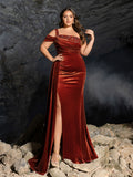 Plus One-Shoulder Ruched Velvet Gown | Beaded Strap & High Thigh Slit