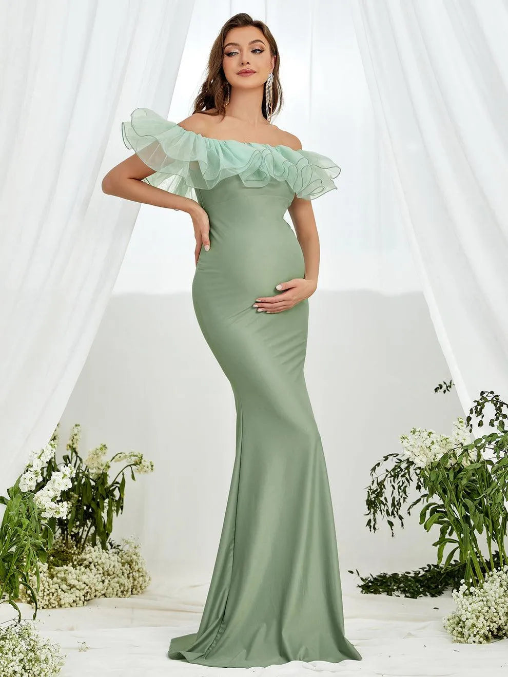 Maternity Ruffle Trim Off Shoulder Mermaid Hem Party Dress - Elonnashop