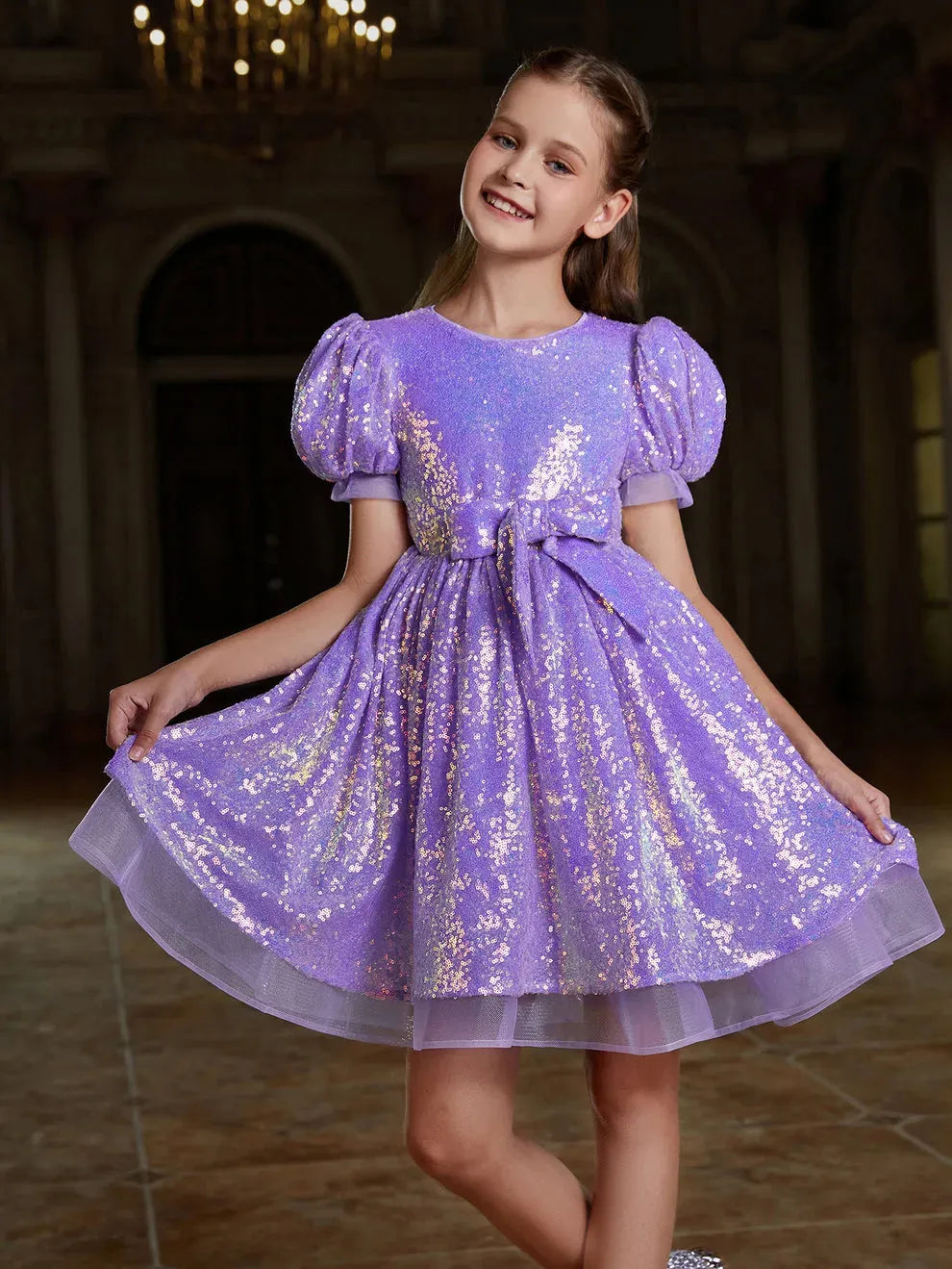 Tween Girls' Cute Bow Front Puff Sleeve Sequin Party Dress