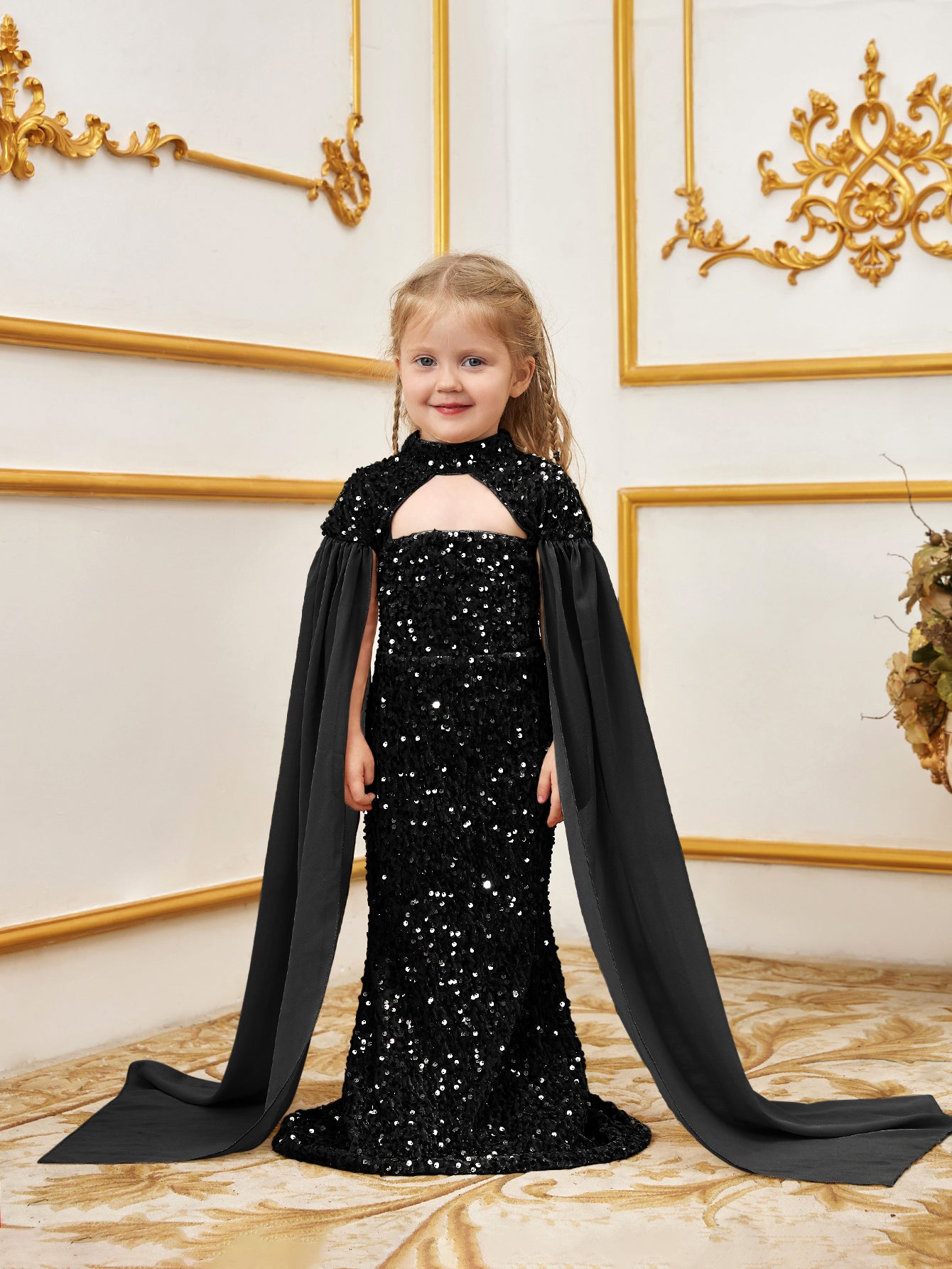 Young Girls' Mock Neck Cape Sleeves Sequin Party Dress