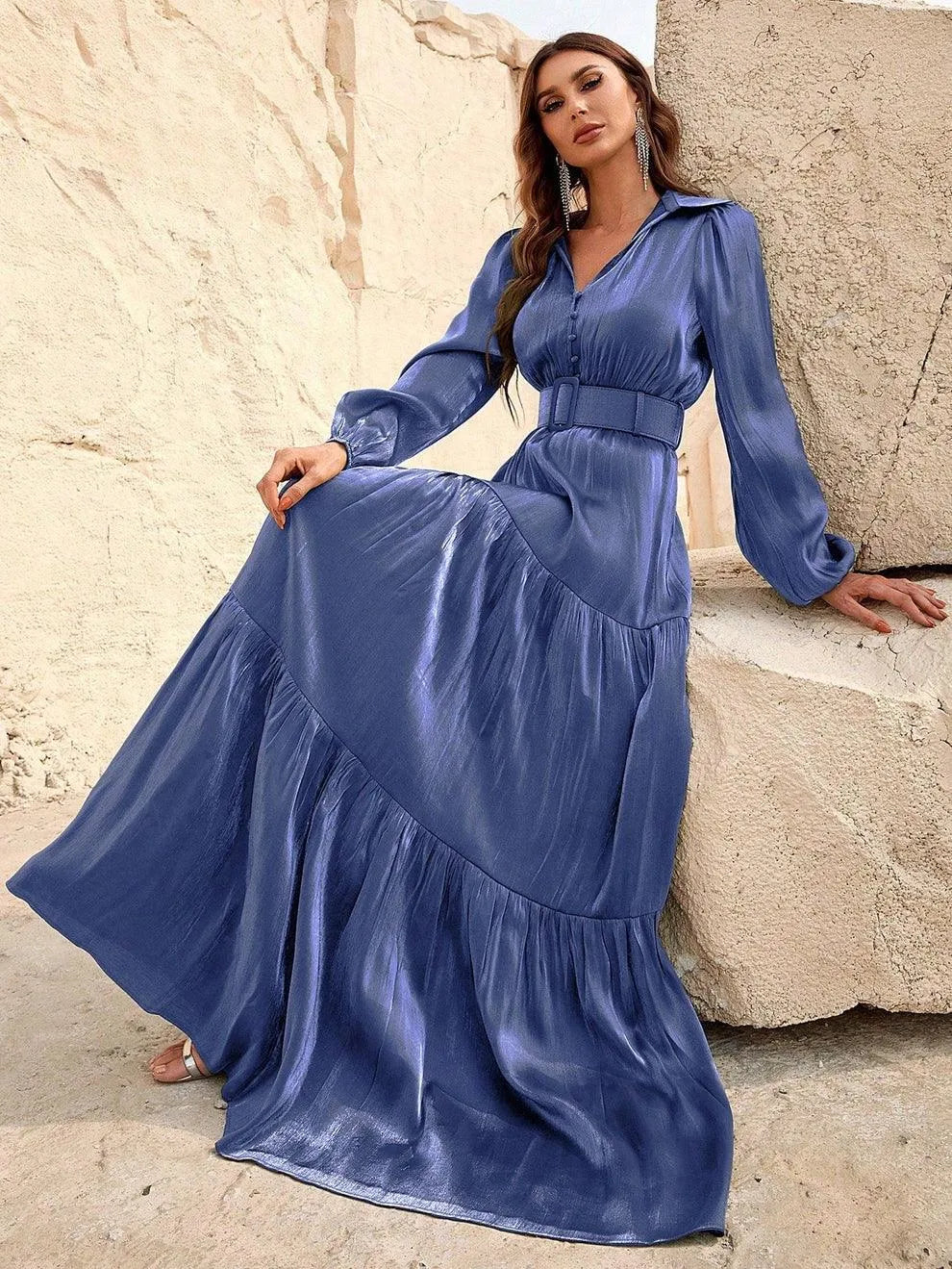 Elegant Bishop Sleeves Ruffle Hem Belted Dress - Elonnashop