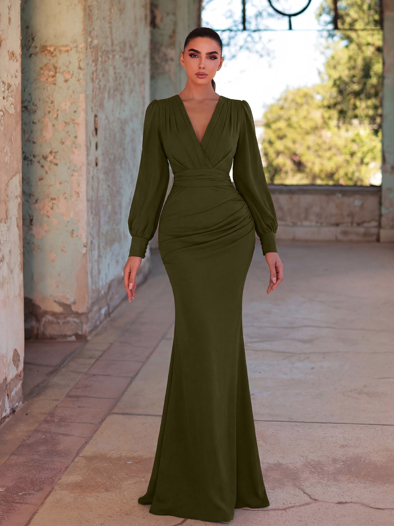 Surplice Neck Lantern Sleeve Chiffon Mermaid Dress – Elonnashop