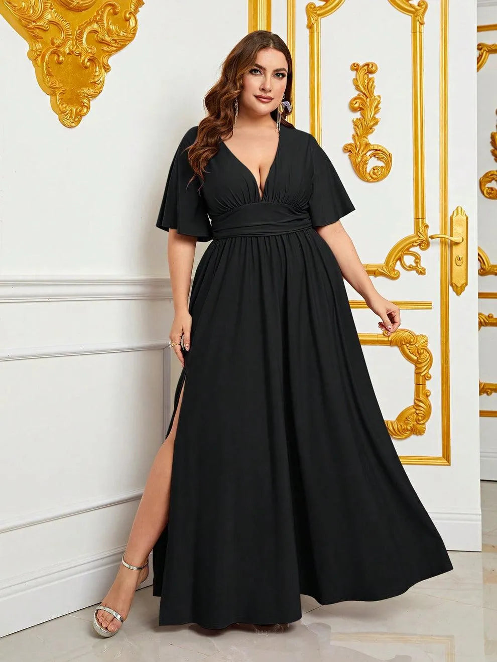 Plus V Neck Butterfly Sleeves Party Dress Royal Blue / 2XL Plus V Neck Butterfly Sleeves Party Dress Royal Blue / 2XL