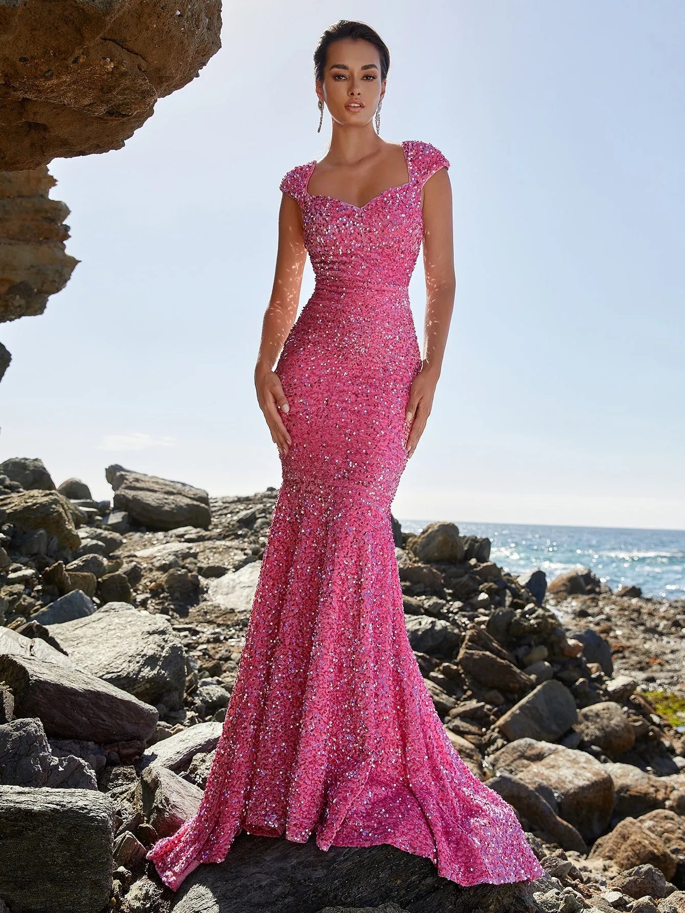 Elegant Maxi Sweetheart Neck Cap Sleeves Mermaid Hem Sequin Evening Dress