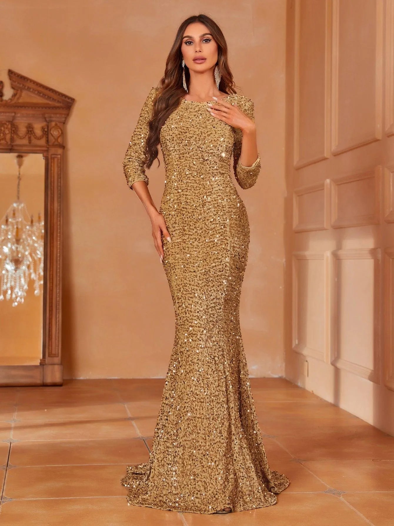 Backless 3/4 Sleeve Sequin Mermaid Dresses - Elonnashop