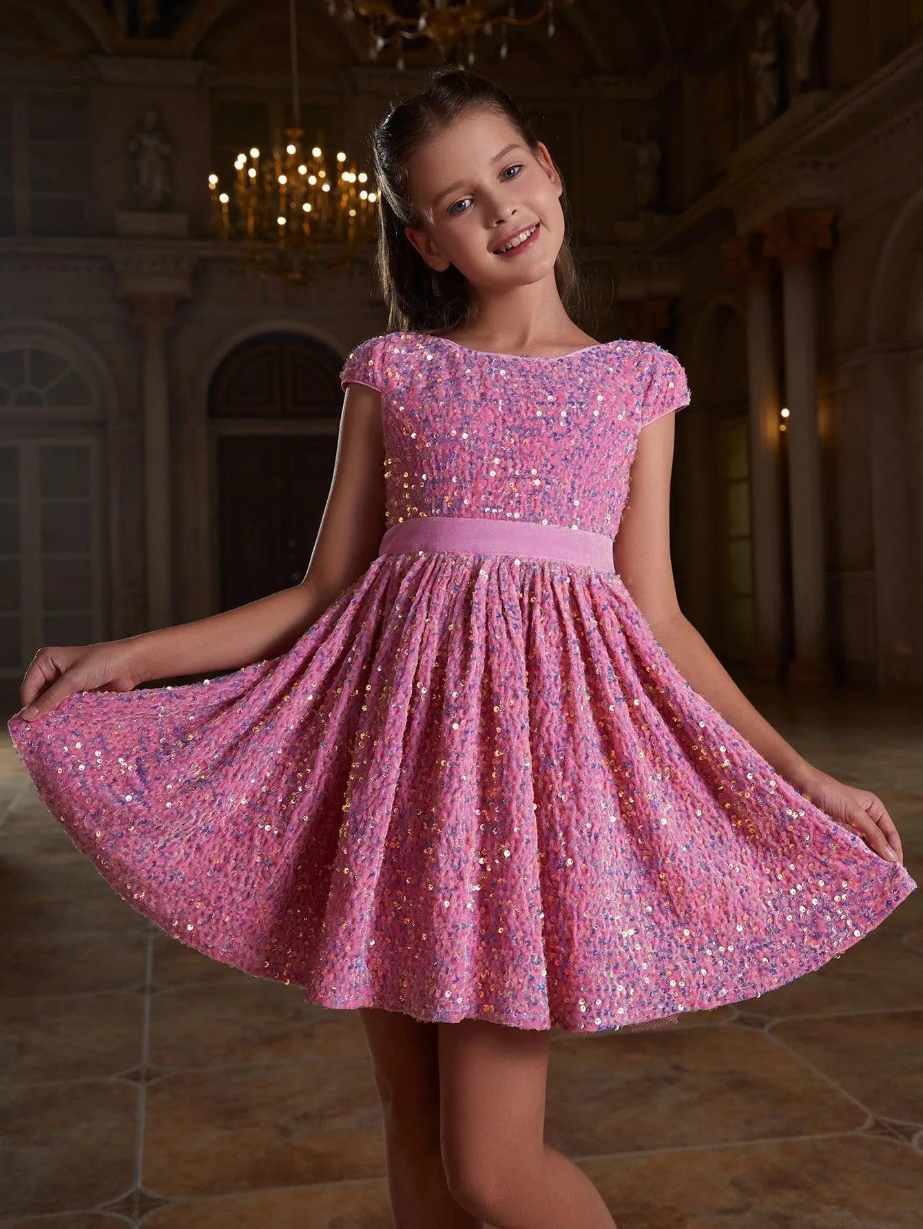 Tween Girls' Bow Back Sequin A Line Dress - Elonnashop