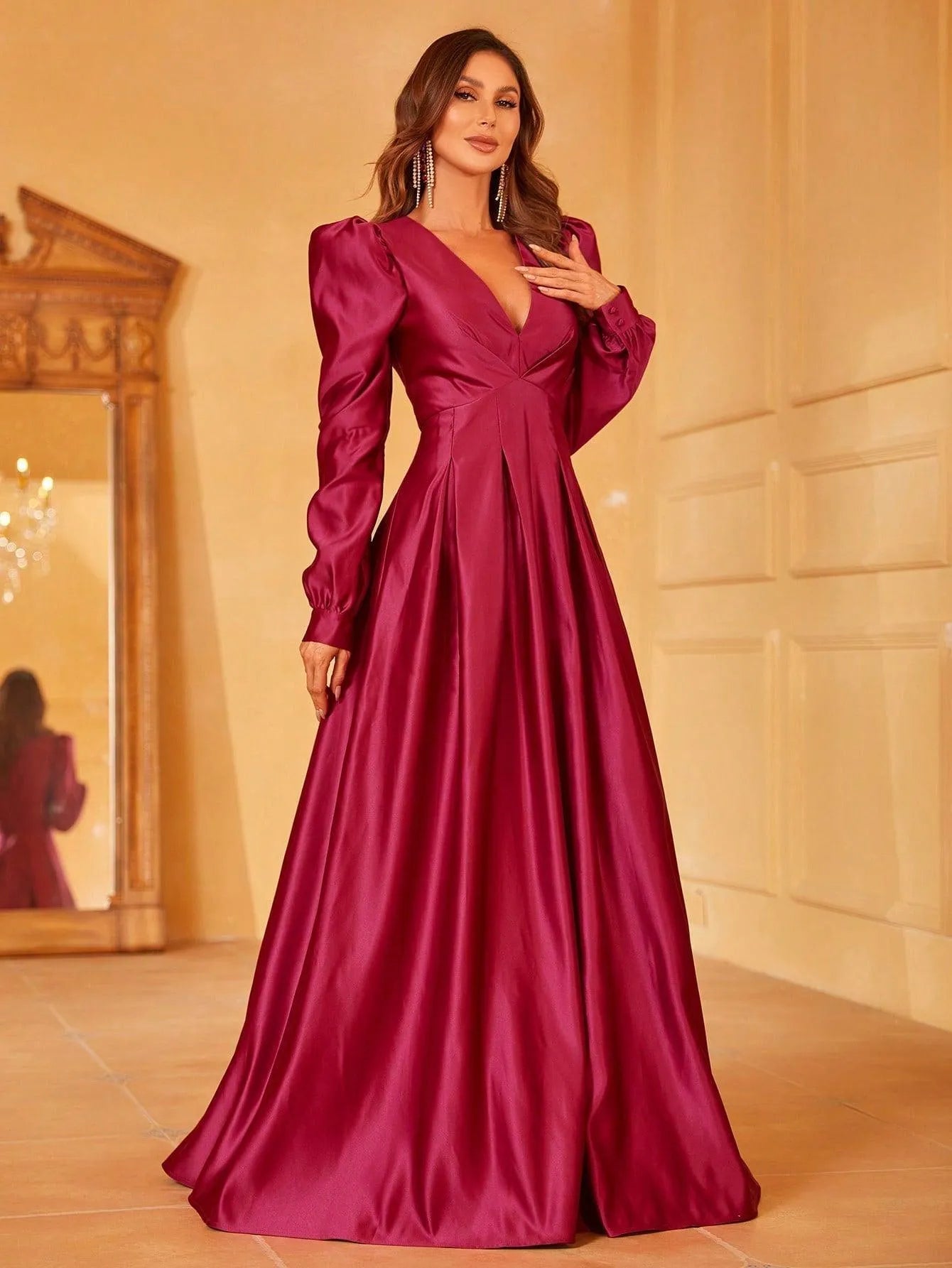 Plunging Neck Gigot Sleeve Satin A Line Dress - Elonnashop