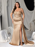 Plus Sequined & Beaded Off-Shoulder Mermaid Gown with Satin Floor-Length Train & High Slit