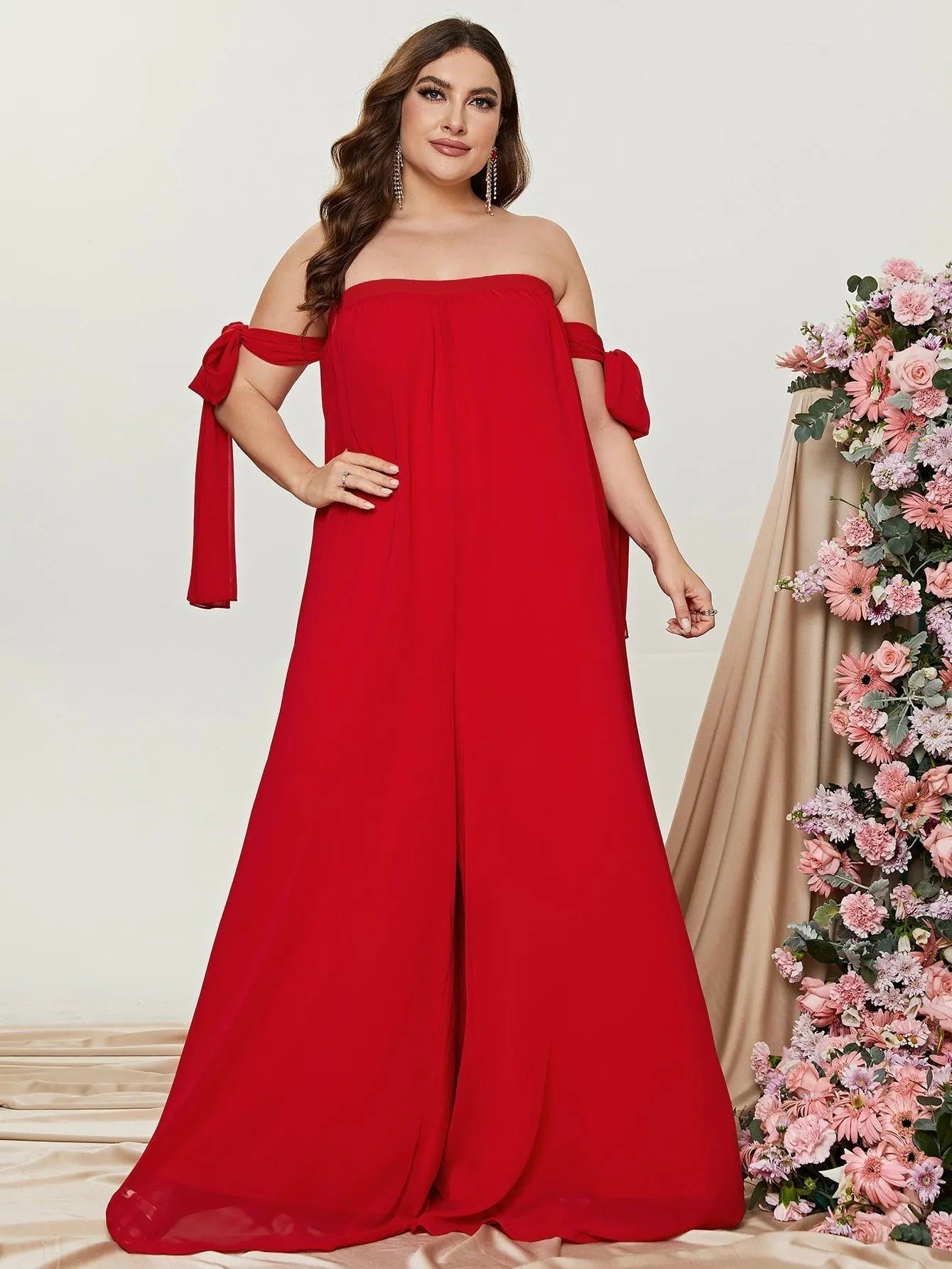 Plus Off Shoulder Sleeveless Chiffon Jumpsuits - Elonnashop