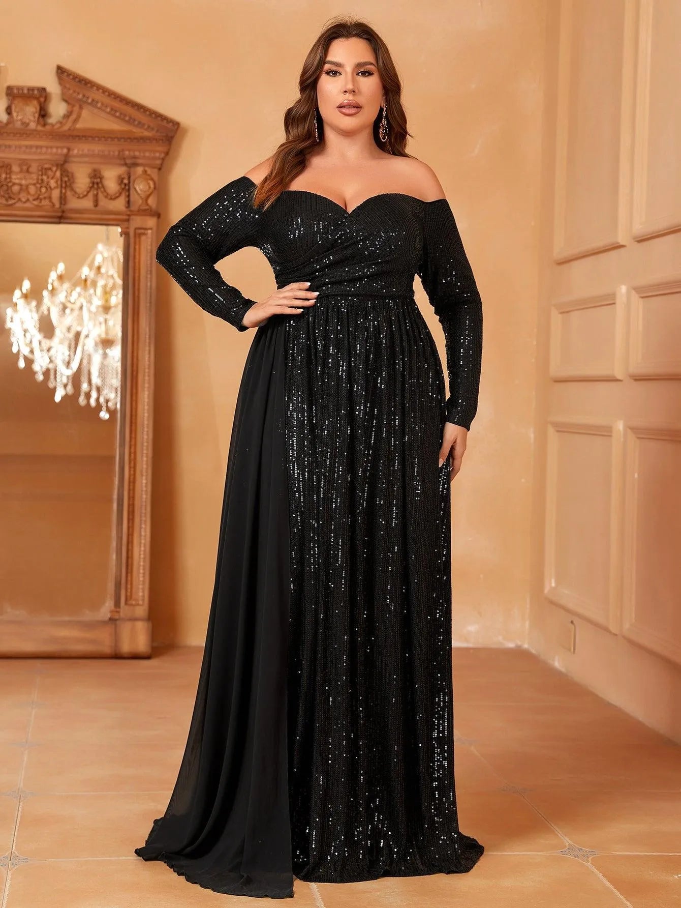 Plus Off Shoulder Draped Side Sequin Formal Dresses - Elonnashop