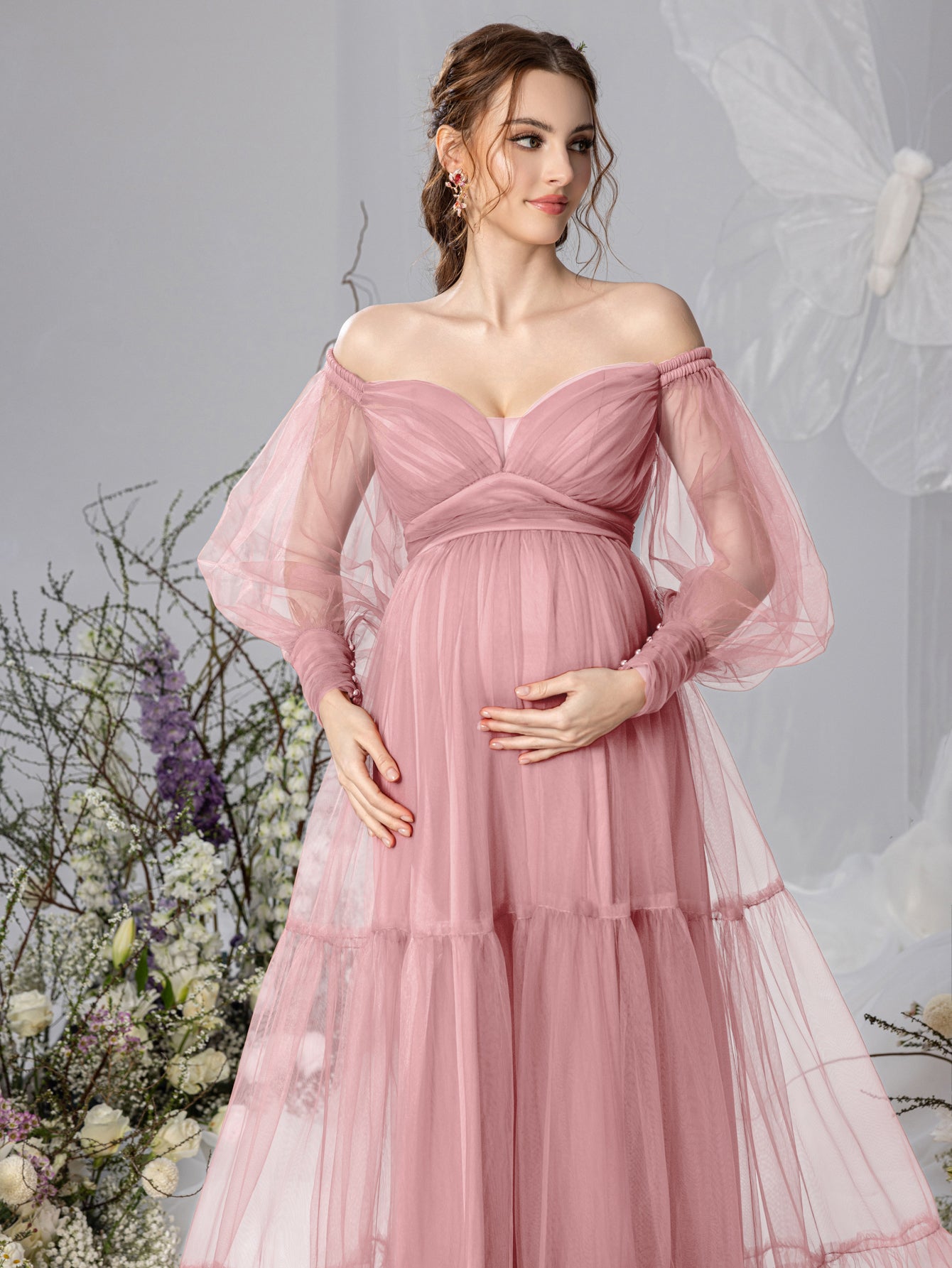 Maternity Off Shoulder Bishop Sleeves Layered Tulle Photography Dress