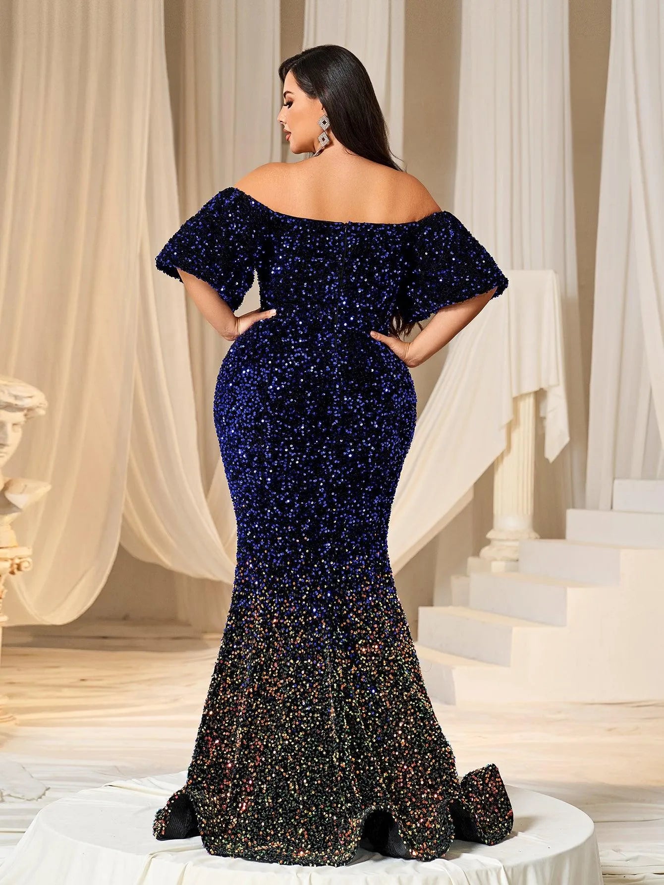 Plus Off Shoulder Puff Sleeves Ombre Sequin Mermaid Dress - Elonnashop