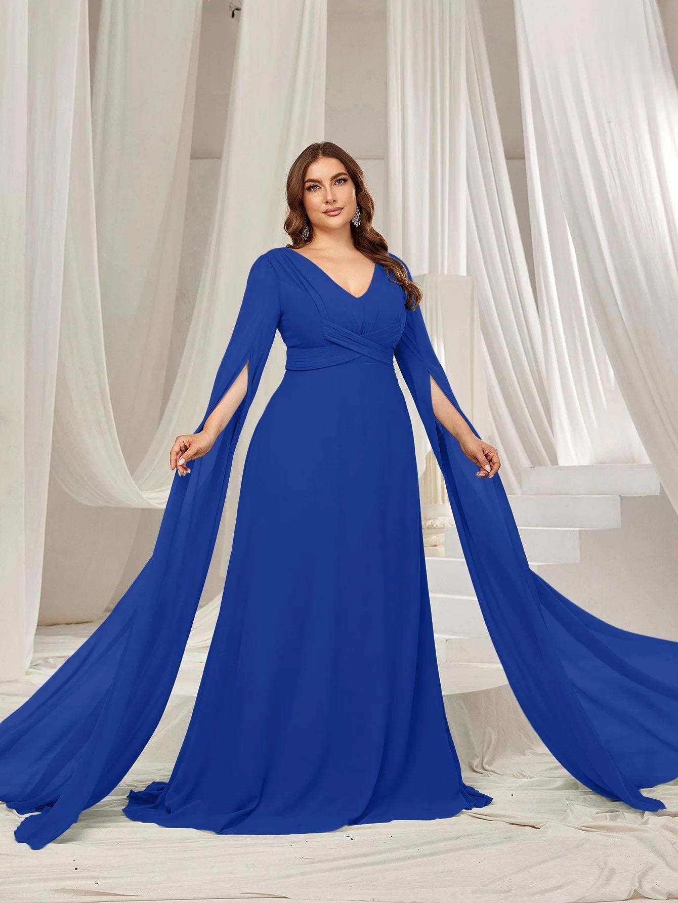 Plus Solid Ruched Front Extra-Long Sleeves Chiffon Prom Dress - Elonnashop