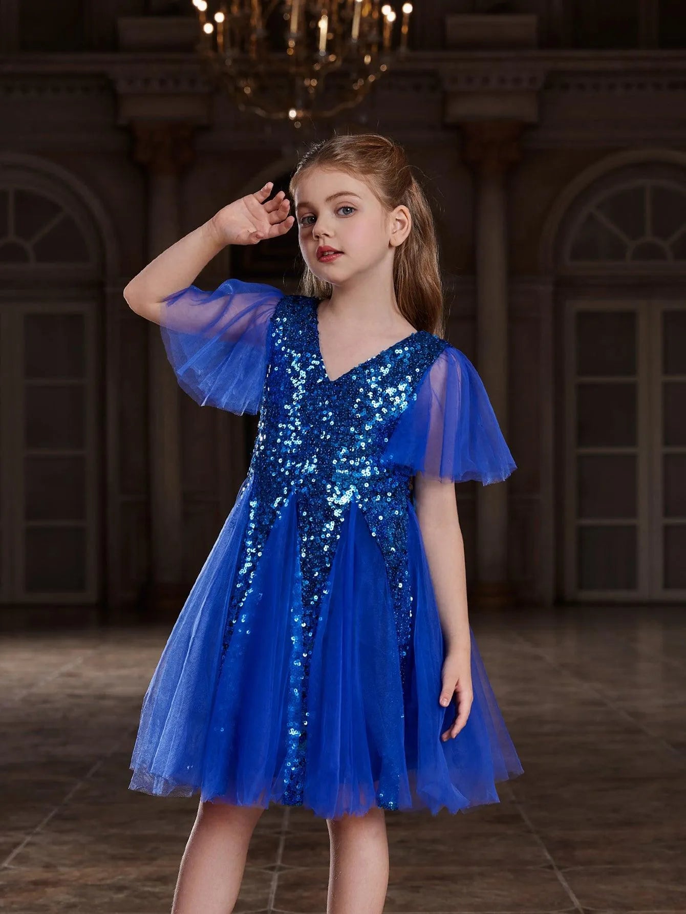 Tween Girls' Butterfly Sleeves Mesh Insert Sequin Dress - Elonnashop