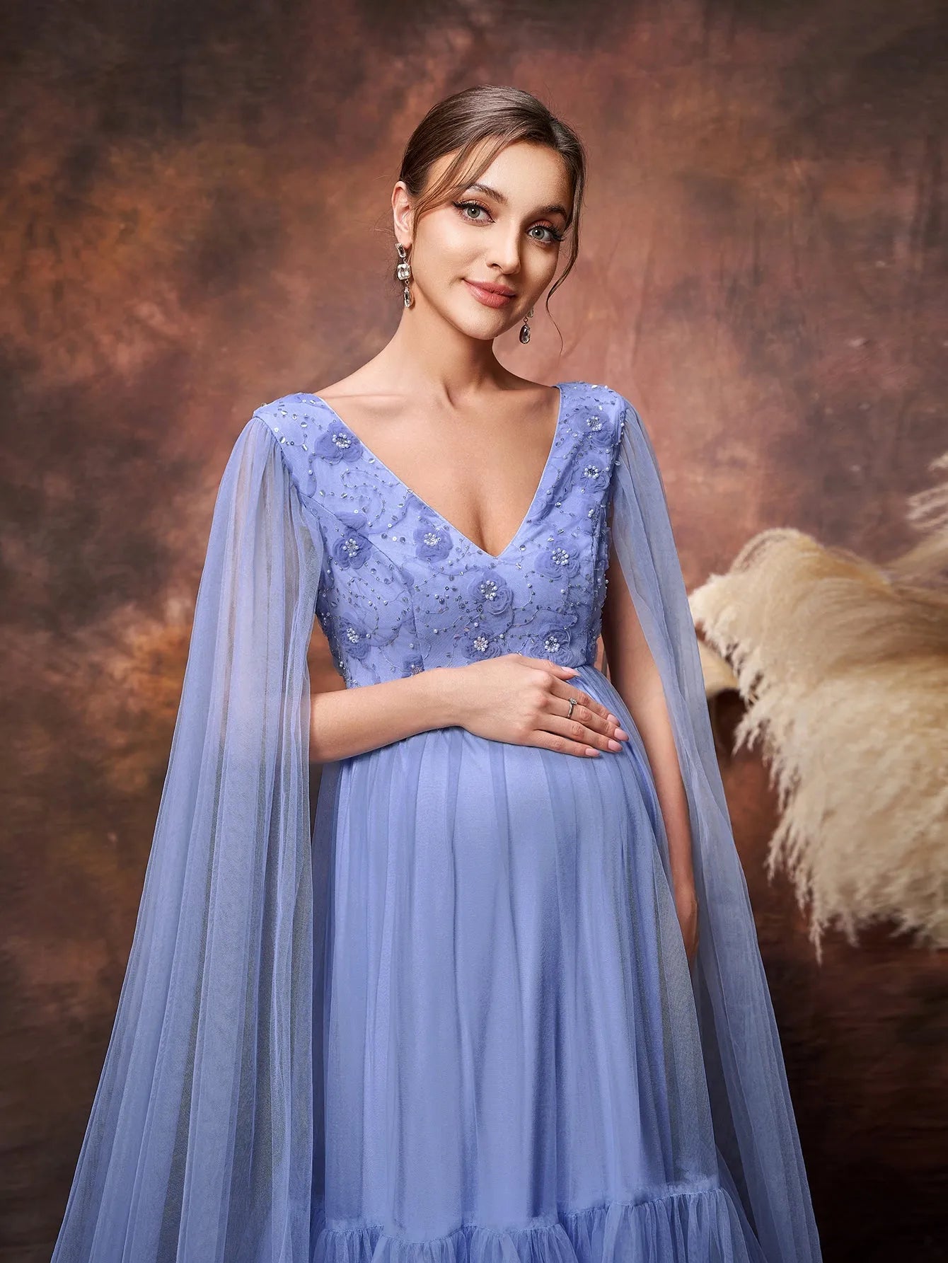 Maternity Plunging Neck Cloak Sleeves Tulle Overlay Party Dress