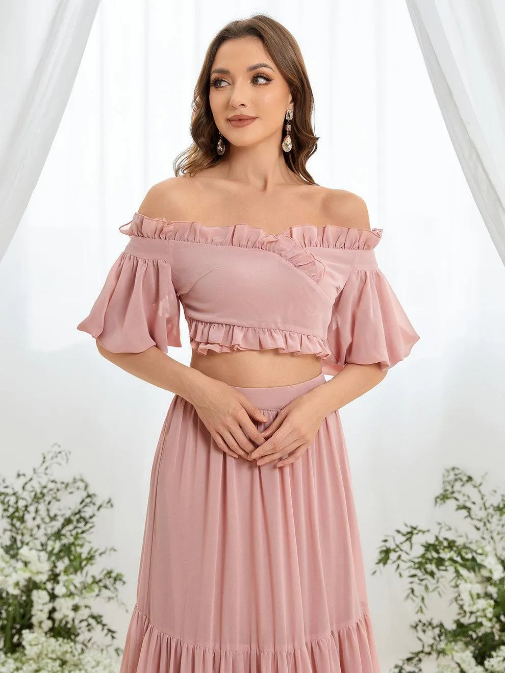 Off Shoulder Puff Sleeve Crop Top & Layered Chiffon Skirt - Elonnashop