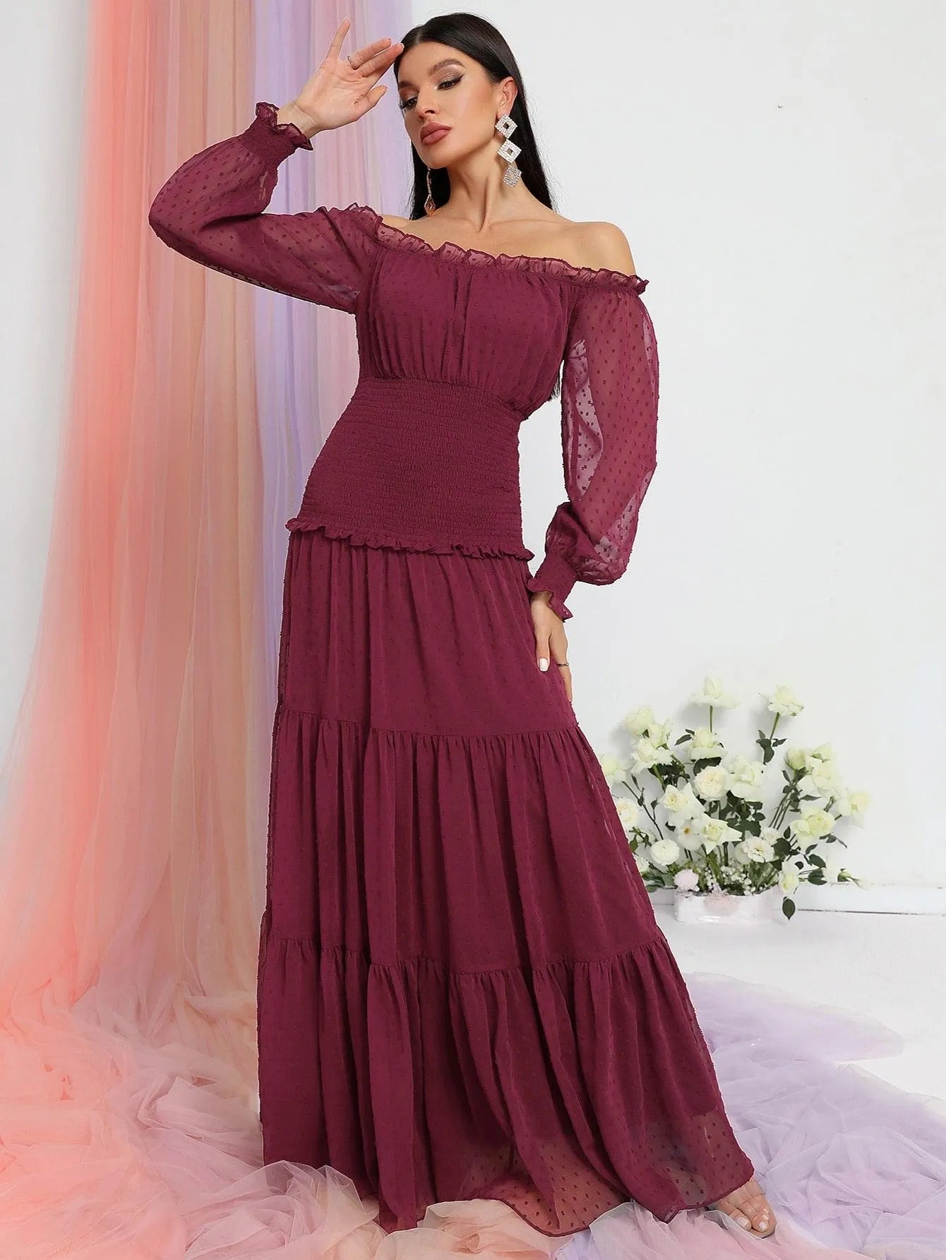 off the shoulder lantern sleeve dress Off-The-Shoulder Lantern-Sleeve Dress Multicolor / US 18
