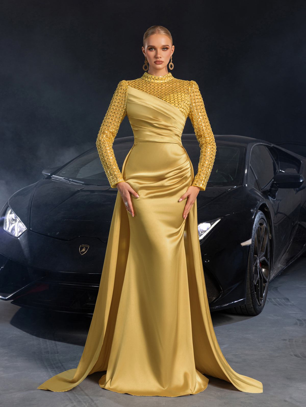 Elegant Beaded Sheer Long Sleeve Gown | High Neck & Satin Mermaid Skirt