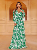 Elegant V Neck Long Sleeves Floral Print Chiffon Belted Dress