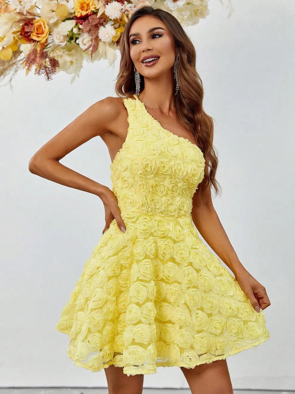 Elegant One Shoulder Sleeveless 3D Flower Party Dress - Elonnashop