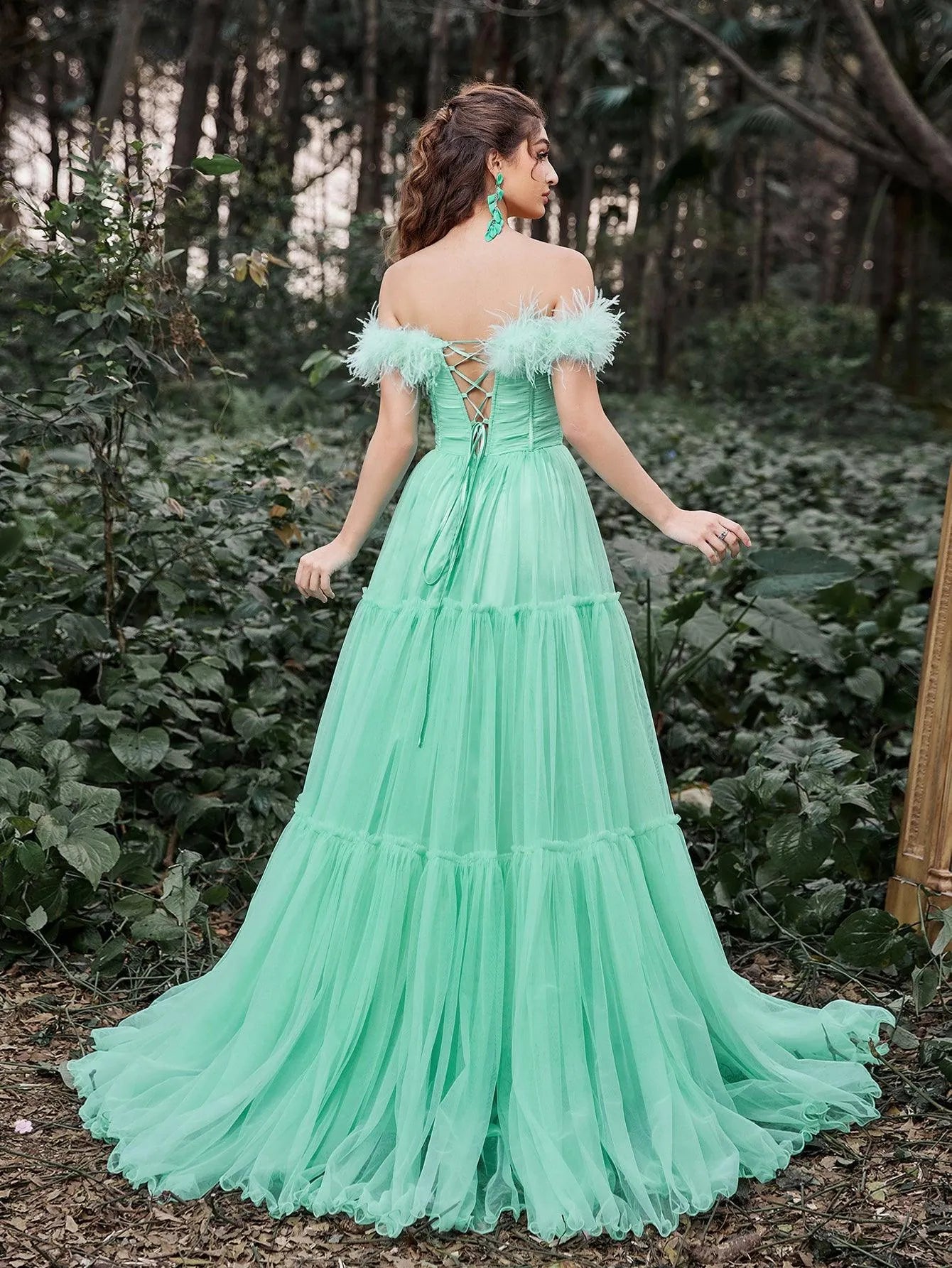 Elegant Feather Trim Off Shoulder Layered Tulle Prom Dress Elonnashop Elegant Feather Trim Off Shoulder Layered Tulle Prom Dress Elonnashop