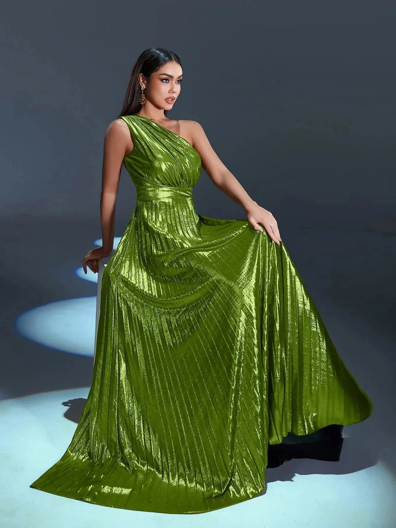 Metallic One Shoulder Sleeveless Pleated Evening Dress