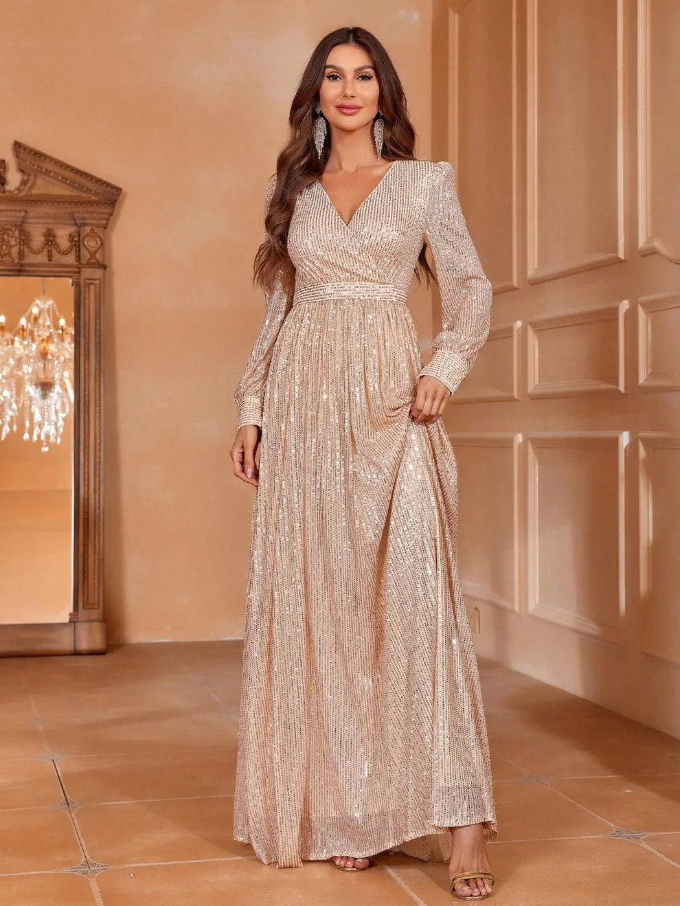 Elegant V Neck Long Sleeves Sequin A Line Dresses - Elonnashop