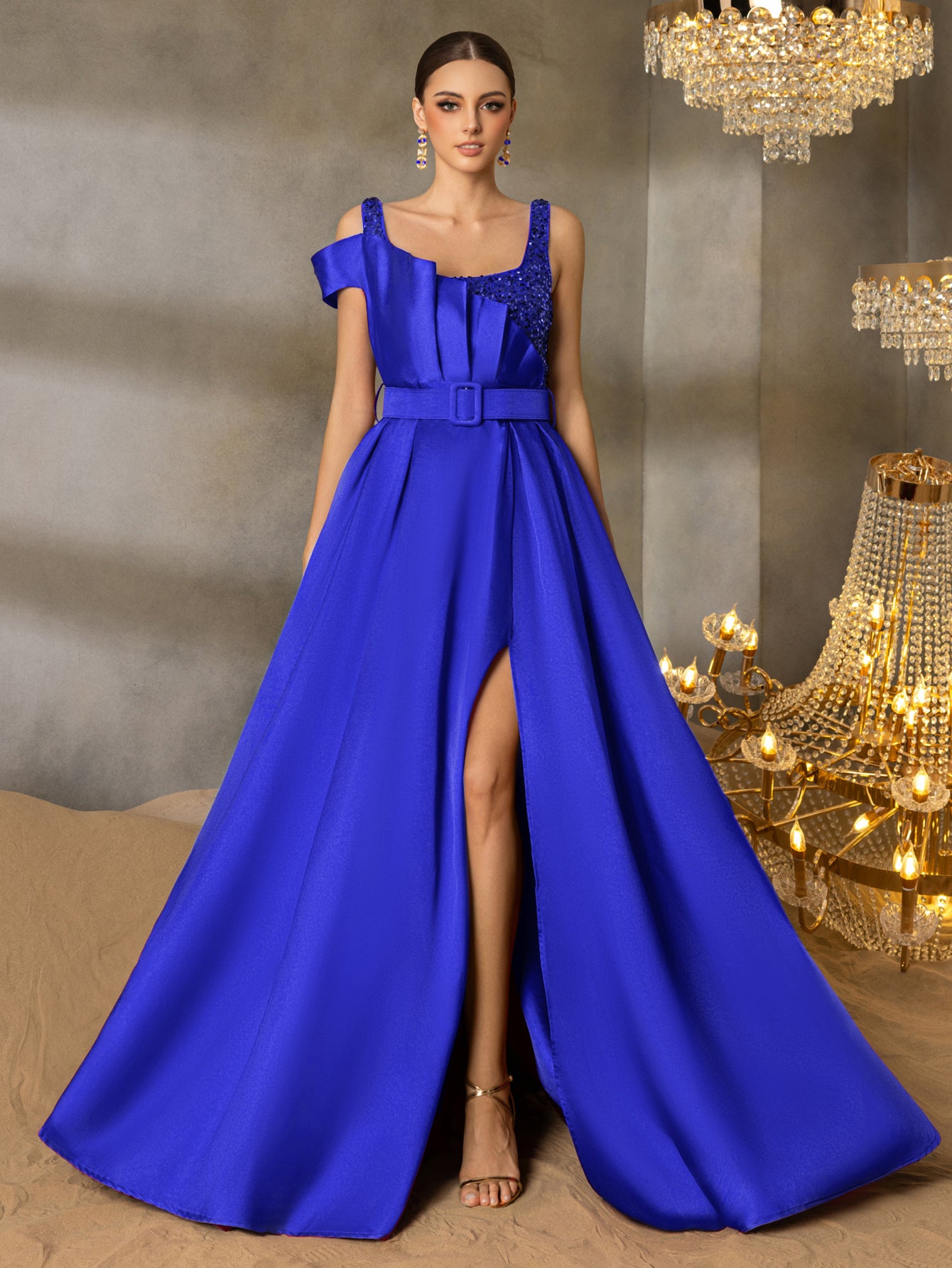 Elegant Square Collar Buckle Belted Split Satin Prom Dress