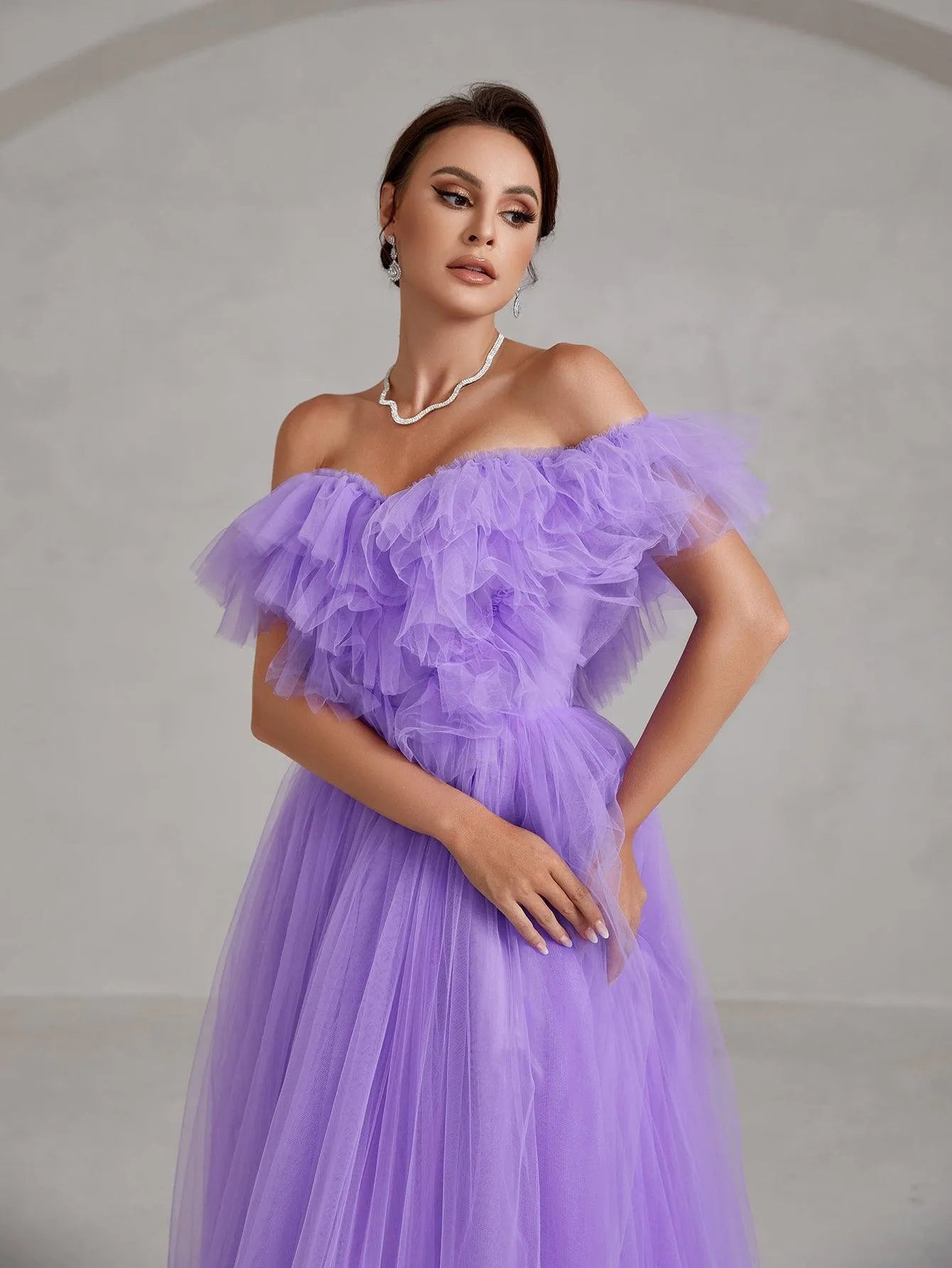 Off Shoulder Ruffle Trim Mesh Wedding Dress - Elonnashop