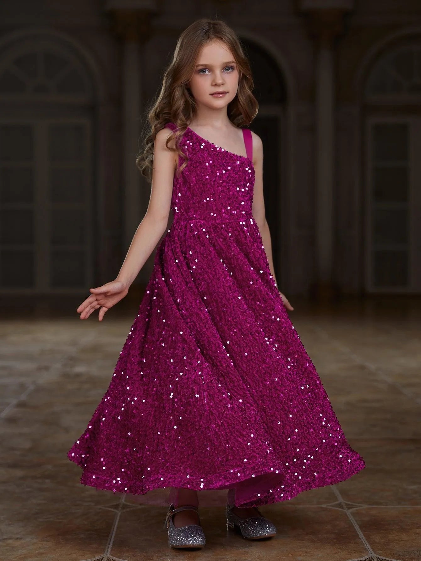 Tween Girls' Asymmetrical Neckline Sleeveless Sequin Party Dress - Elonnashop