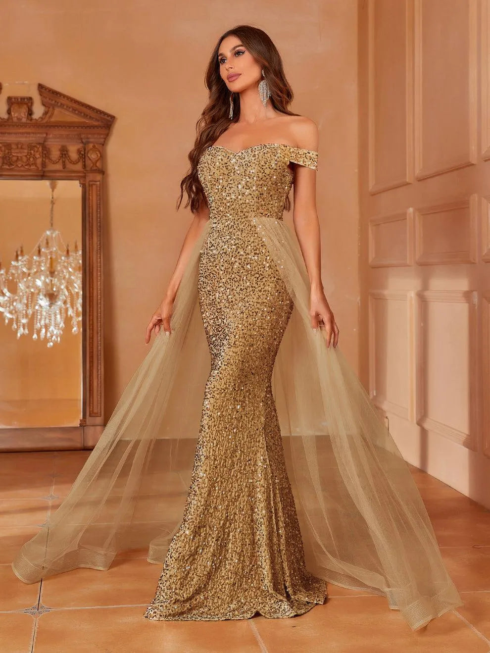 Off Shoulder Sequin Mermaid Dresses Mesh Layer On Waist - Elonnashop