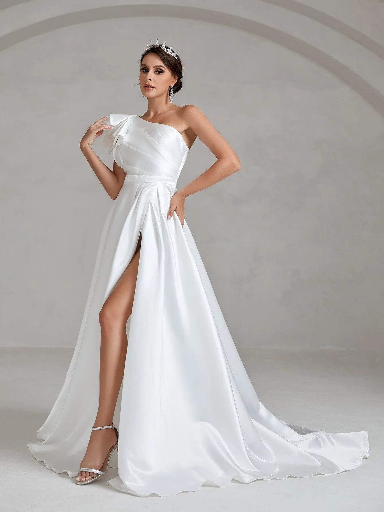 Ruffle Trim One Shoulder Split Thigh Satin Wedding Dress - Elonnashop