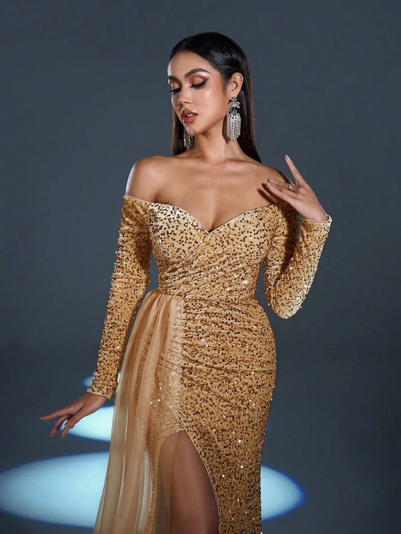 Elegant Off Shoulder Lone Sleeves Split Thigh Sequin Evening Dress