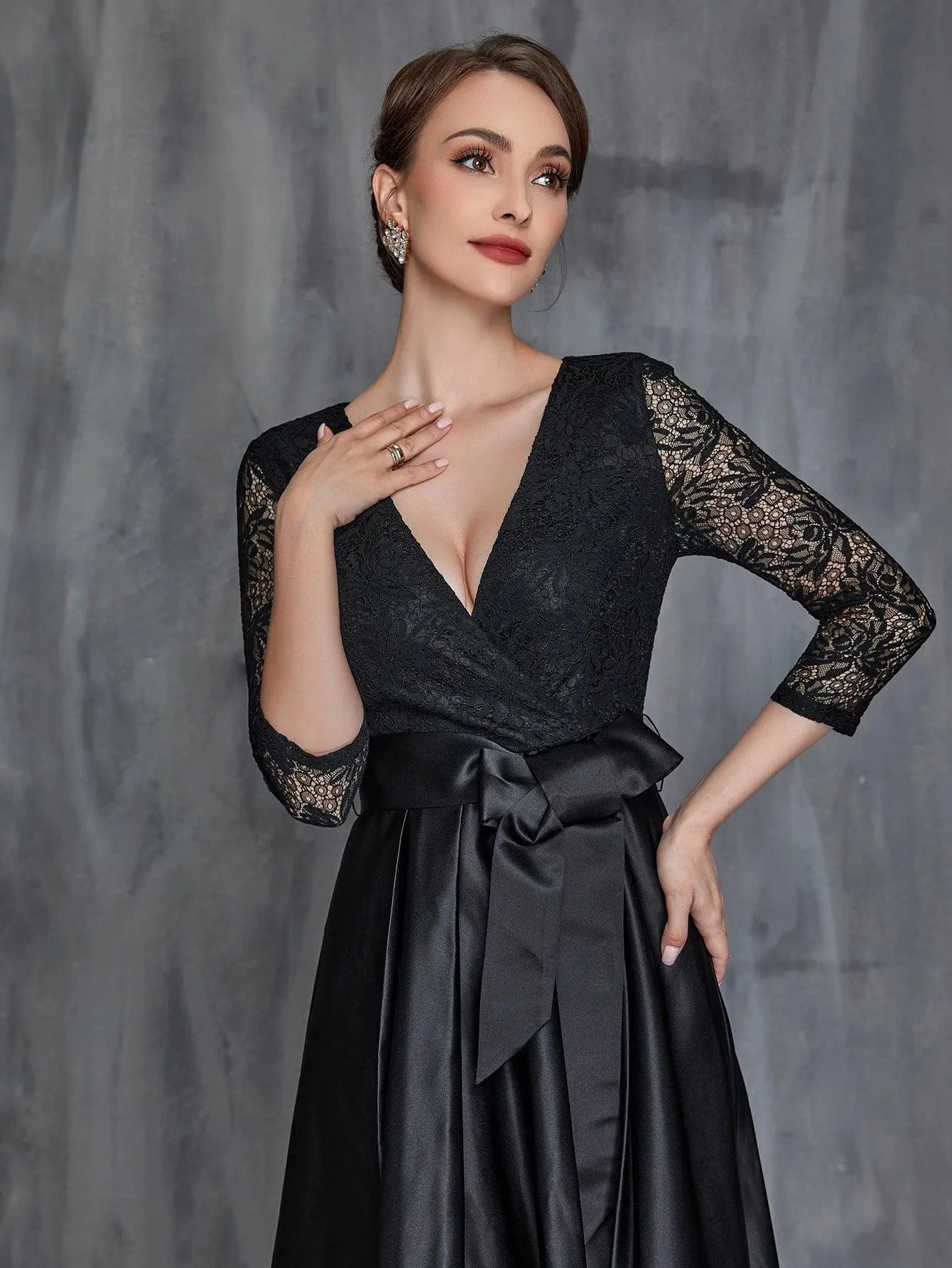 Womens' Surplice Neck Lace Contrast Satin Belted Dress Black / L Womens' Surplice Neck Lace Contrast Satin Belted Dress Black / L
