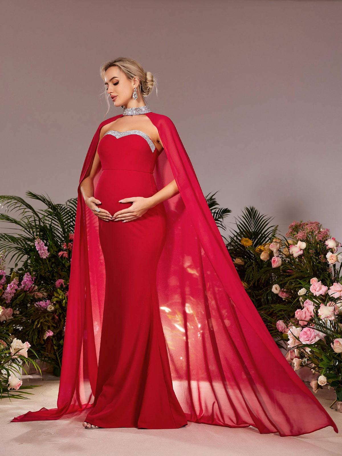 Maternity Mermaid Hem Evening Tube Dress With Chiffon Cape