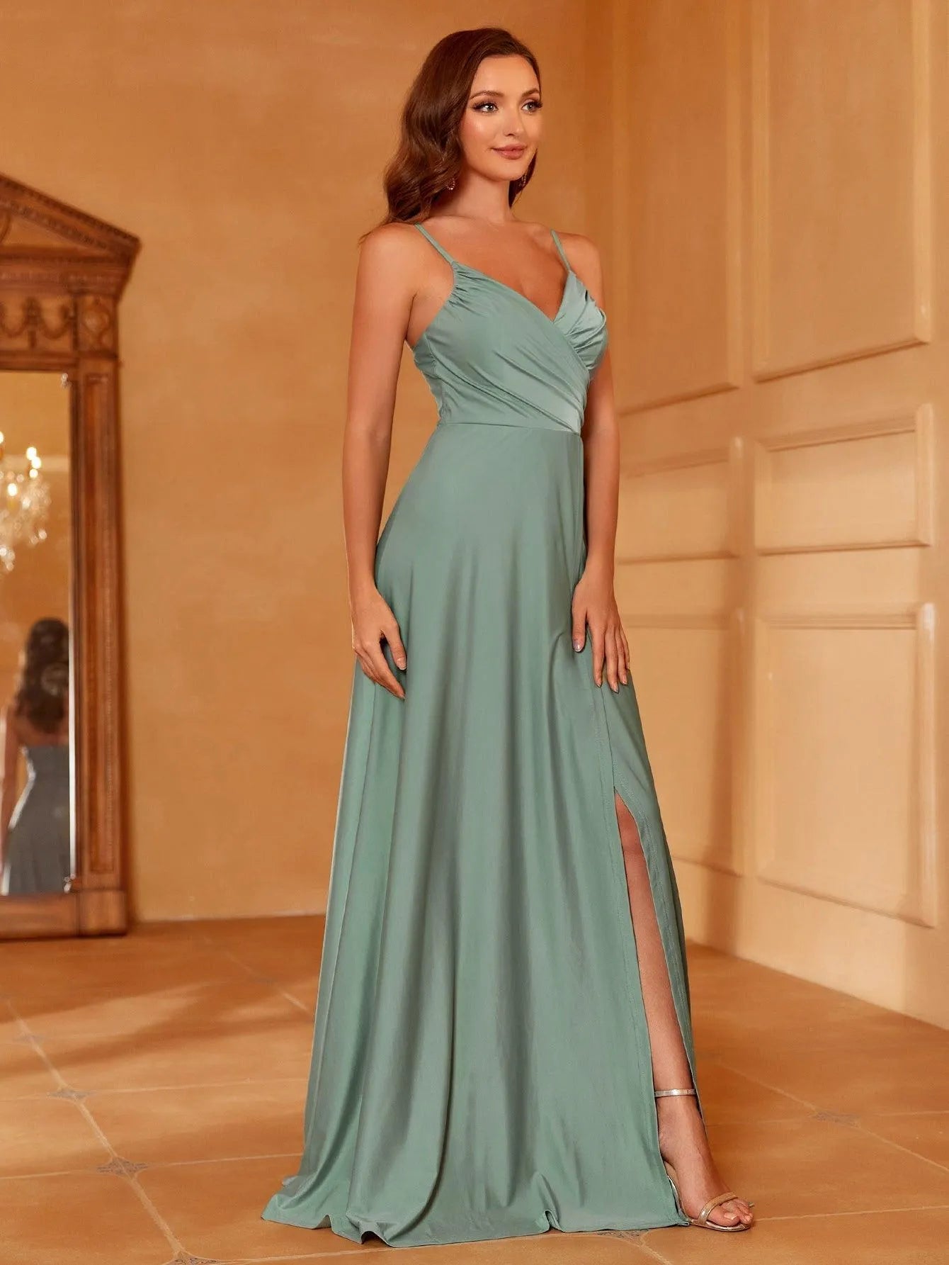 Solid V Neck Split Thigh Cami Bridesmaid Dress - Elonnashop