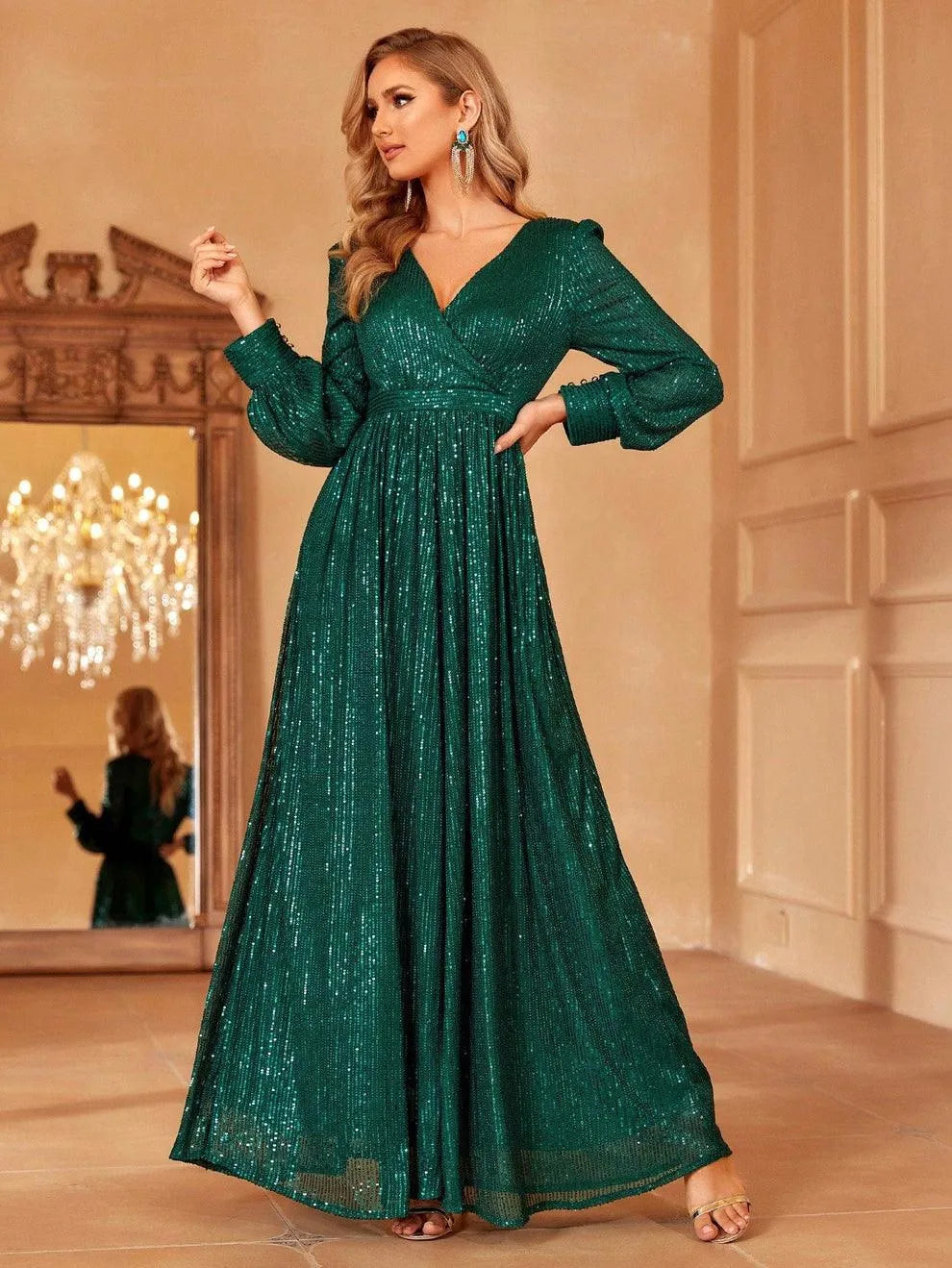 Elegant V Neck Long Sleeves Sequin A Line Dresses - Elonnashop