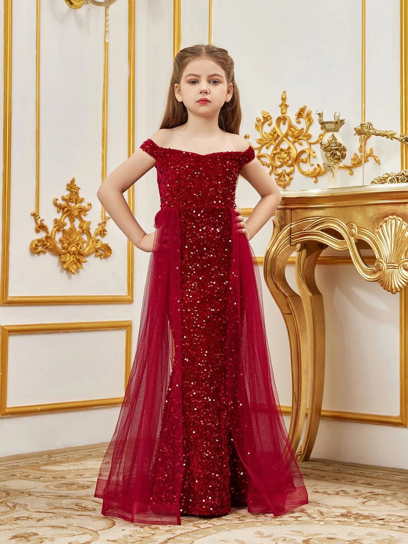 Tween Girls' Off Shoulder Mesh Overlay Sequined Prom Dress Red / 9Y Tween Girls' Off Shoulder Mesh Overlay Sequined Prom Dress Red / 9Y