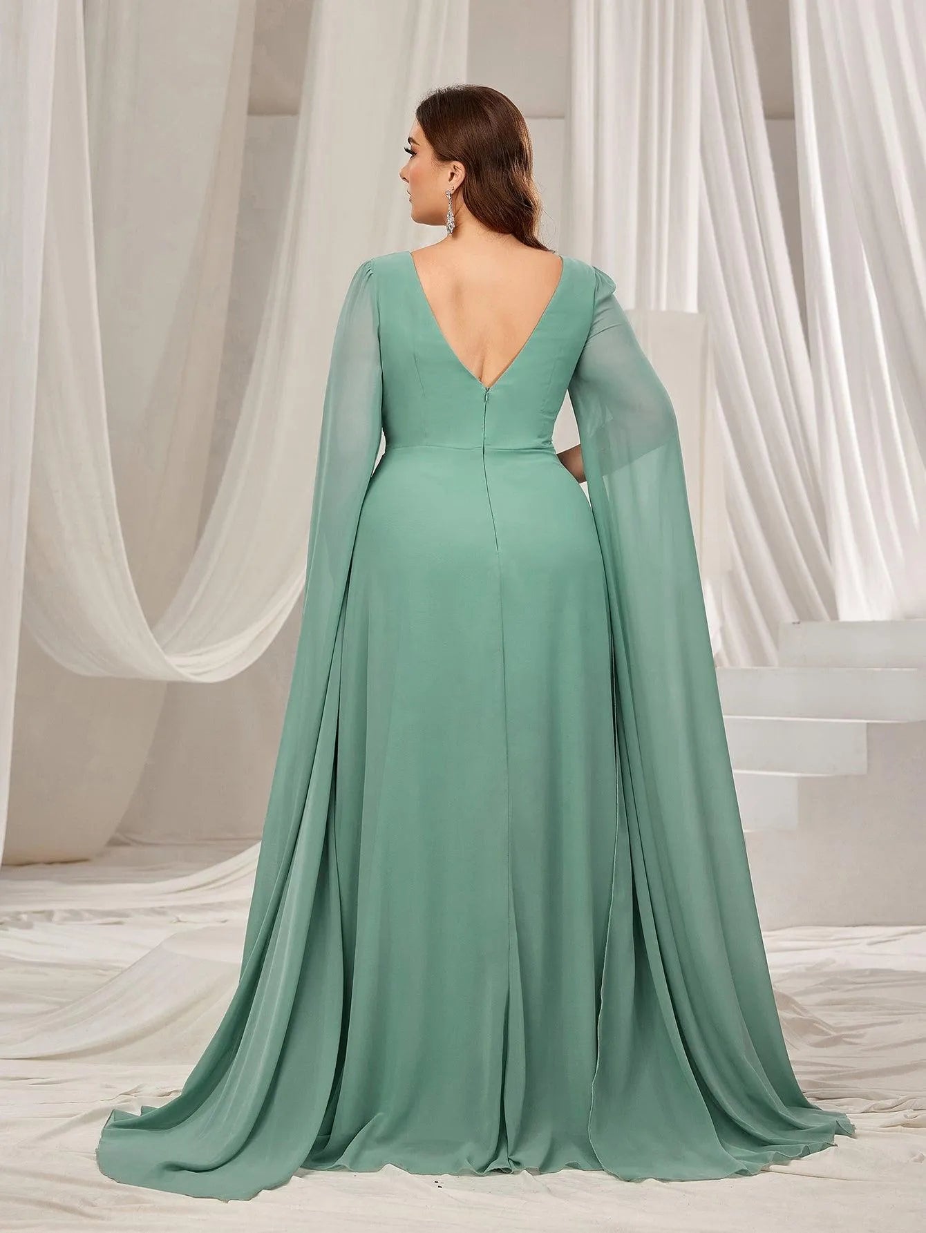 Plus Solid Ruched Front Extra-Long Sleeves Chiffon Prom Dress - Elonnashop