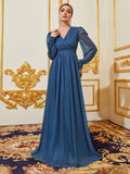 Elegant V Neck Lantern Sleeves Maxi A Line Dress - Elonnashop