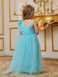 Young Girls' One Shoulder Draped Side Mesh A Line Dress With Bow - Elonnashop