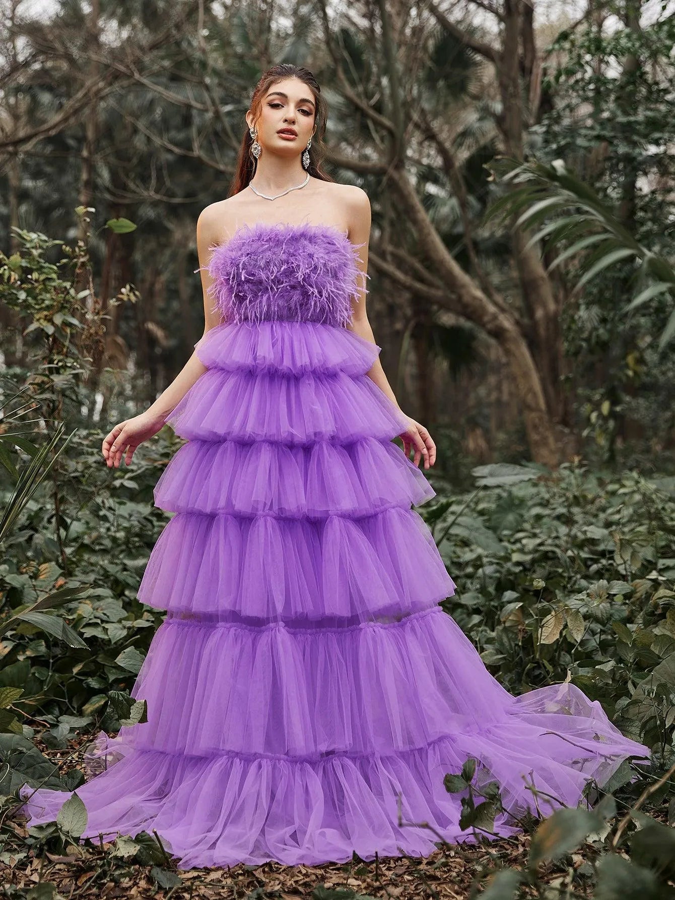 Luxury Feather Bodice Layered Ruffle Tulle Hem Prom Tube Dress - Elonnashop