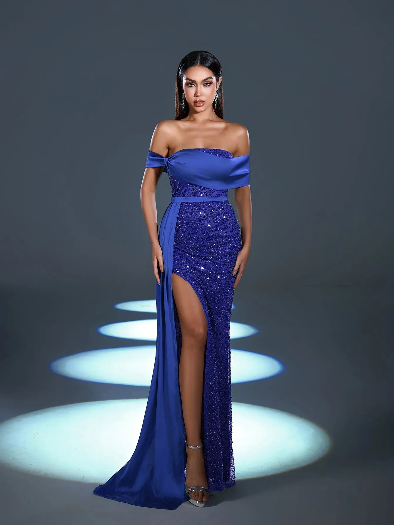 Elegant Off Shoulder Draped Side Split Mermaid Hem Sequin Evening Dress