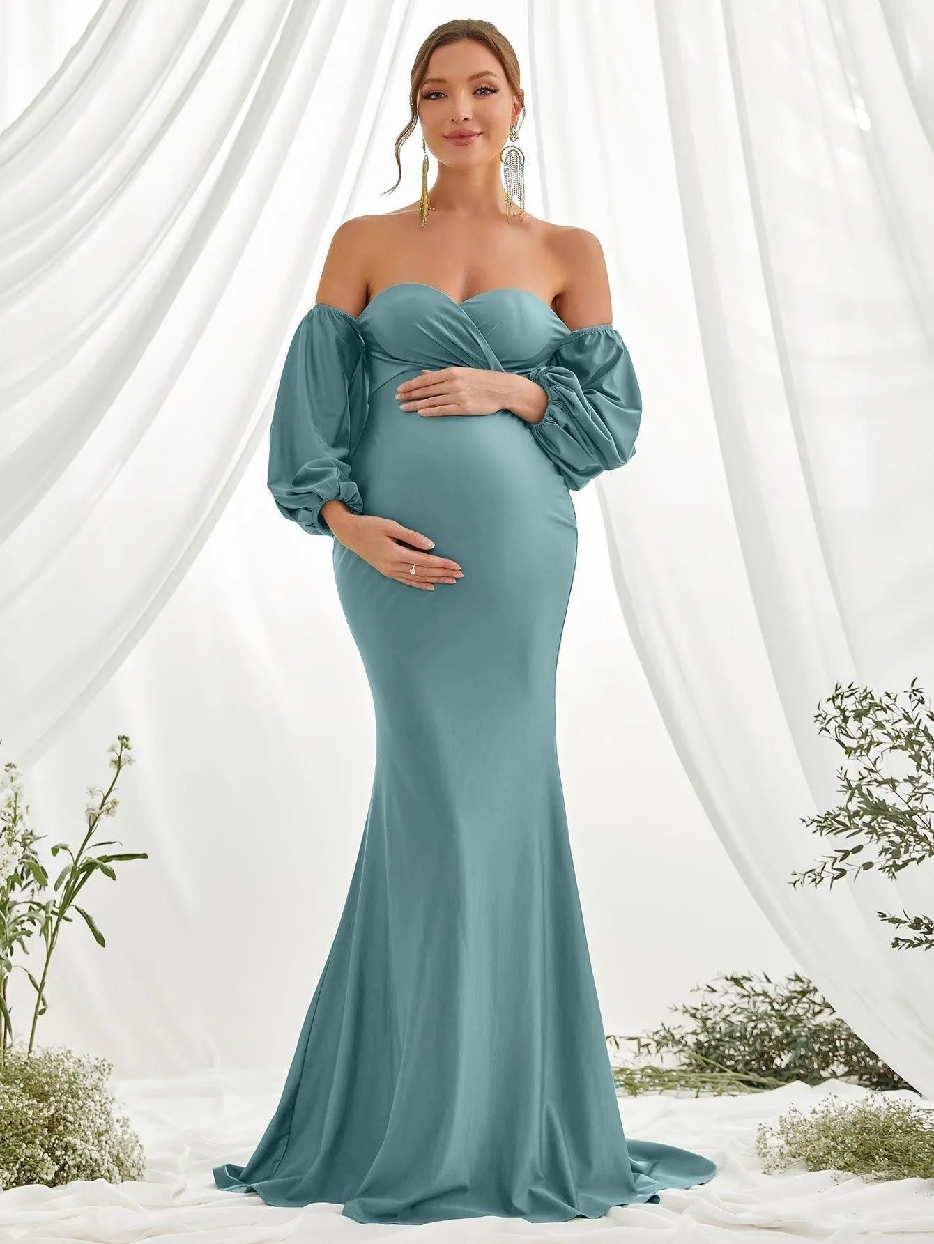 Maternity Off Shoulder Lantern Sleeve Mermaid Dress - Elonnashop