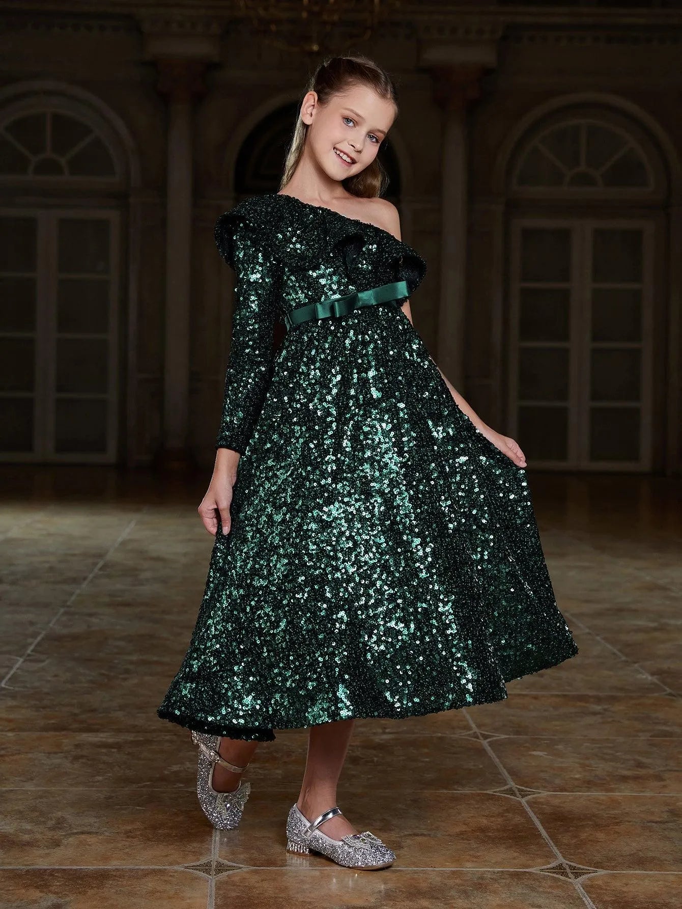 Tween Girls' One Shoulder Ruffle Trim Sequin Party Dress - Elonnashop