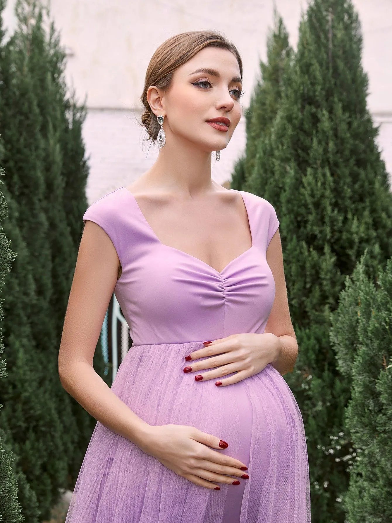 Maternity Sweetheart Collar Cap Sleeves Mesh Overlay Dress - Elonnashop