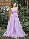 Elegant Scoop Neck Floral Applique Bodice Tulle Evening Dress - Elonnashop